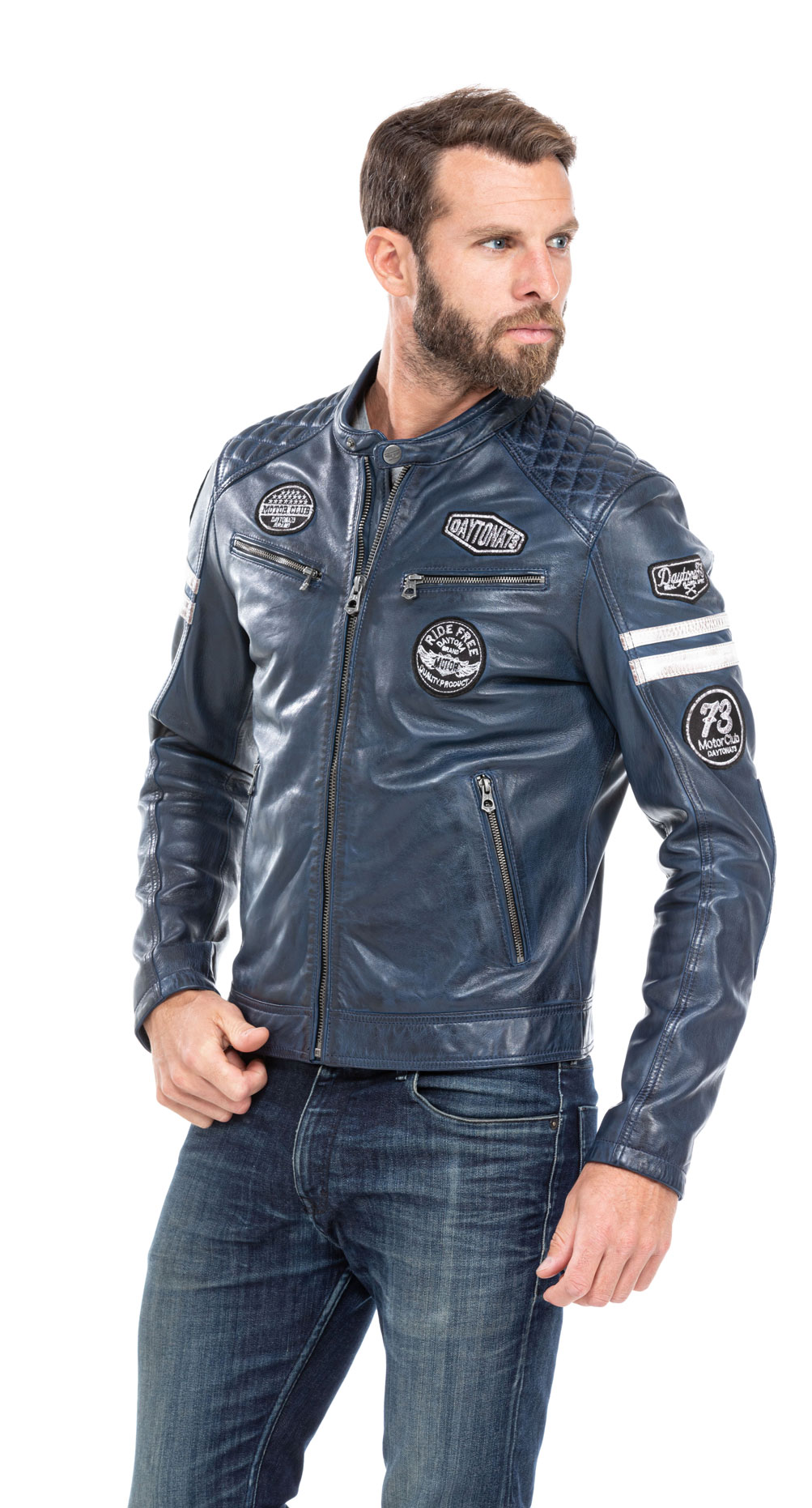 Hommes Véritable Peau D'Agneau Cuir Veste Bleu Slim Fit Motard Moto 