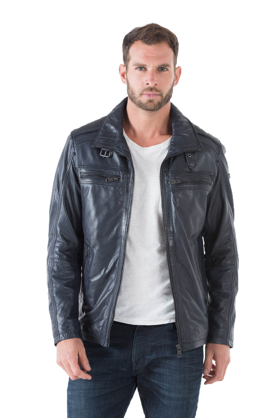 Blouson cuir homme noir 51705 classique col chemise couvrant ouatiné hiver face