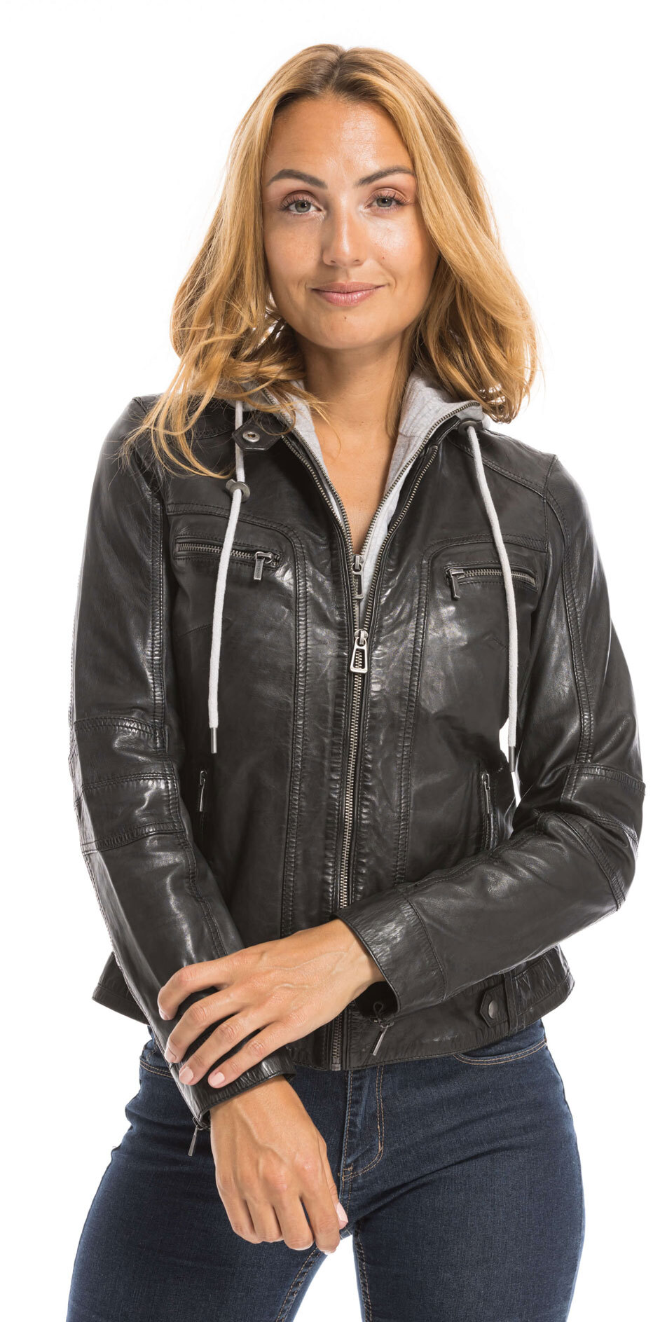 New Womens Supple Lamb Genuine Black Leather Coat with Hood Zip Out Liner 