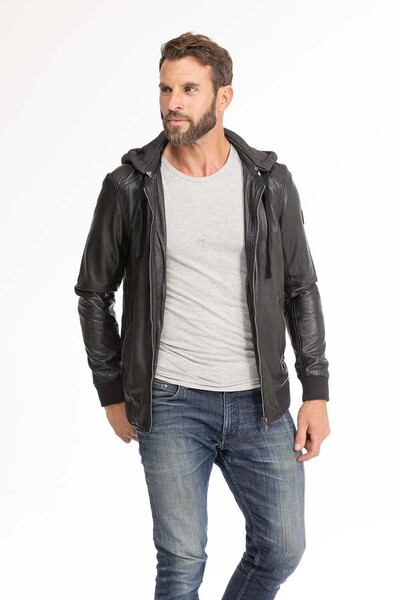 blouson cuir homme capuche noir 62061 (2)