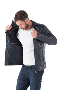 Blouson cuir homme noir 51705 classique col chemise couvrant ouatiné hiver doublure