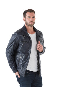 Blouson cuir homme noir 51705 classique col chemise couvrant ouatiné hiver porté